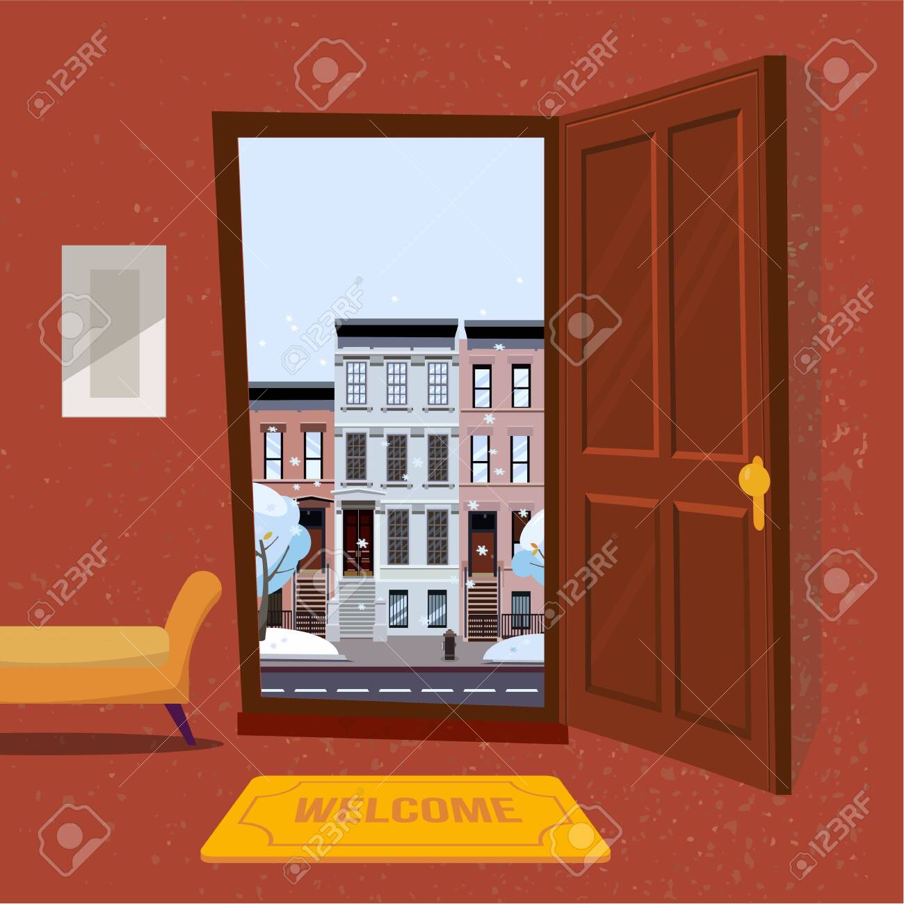 The Interior Of Hallway In Flat Cartoon Style With Open Door Overlooking Winter Cityscape With Snowy Houses And Trees Furniture Inside Soft Bench Picture Mat Against A Textured Wall Royalty Free