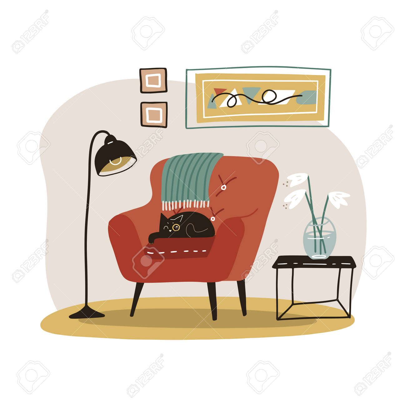 Elegante interior da sala de estar escandinava - poltrona vermelha, mesa de café, vaso, lâmpada, decorações para casa. móveis caseiros acolhedores. apartamento moderno e confortável mobiliado em estilo hygge. ilustração plana vetorial. - 165948269 Elegante interior da sala de estar escandinava - poltrona vermelha, mesa de café, vaso, lâmpada, decorações para casa. móveis caseiros acolhedores. apartamento moderno e confortável mobiliado em estilo hygge. ilustração plana vetorial. - 165948269