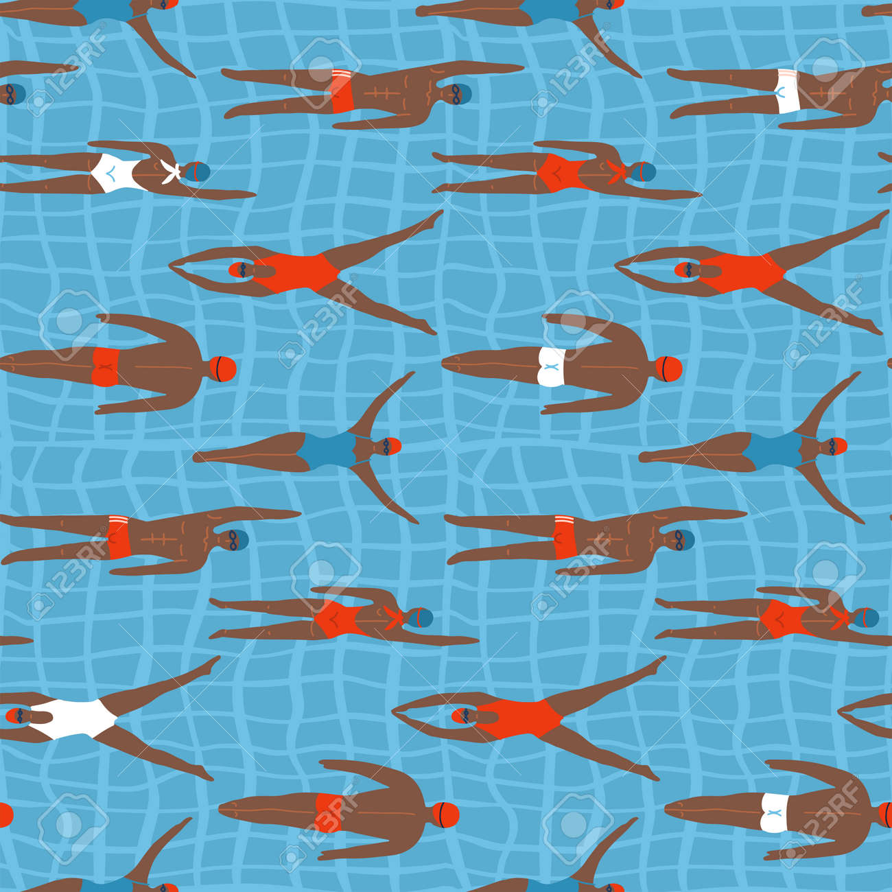 Swimming cartoon atheletes women and men in the swimming pool. Water sport seamless pattern in flat vectorstyle. Professional swimmers. - 170880775 Swimming cartoon atheletes women and men in the swimming pool. Water sport seamless pattern in flat vectorstyle. Professional swimmers. - 170880775