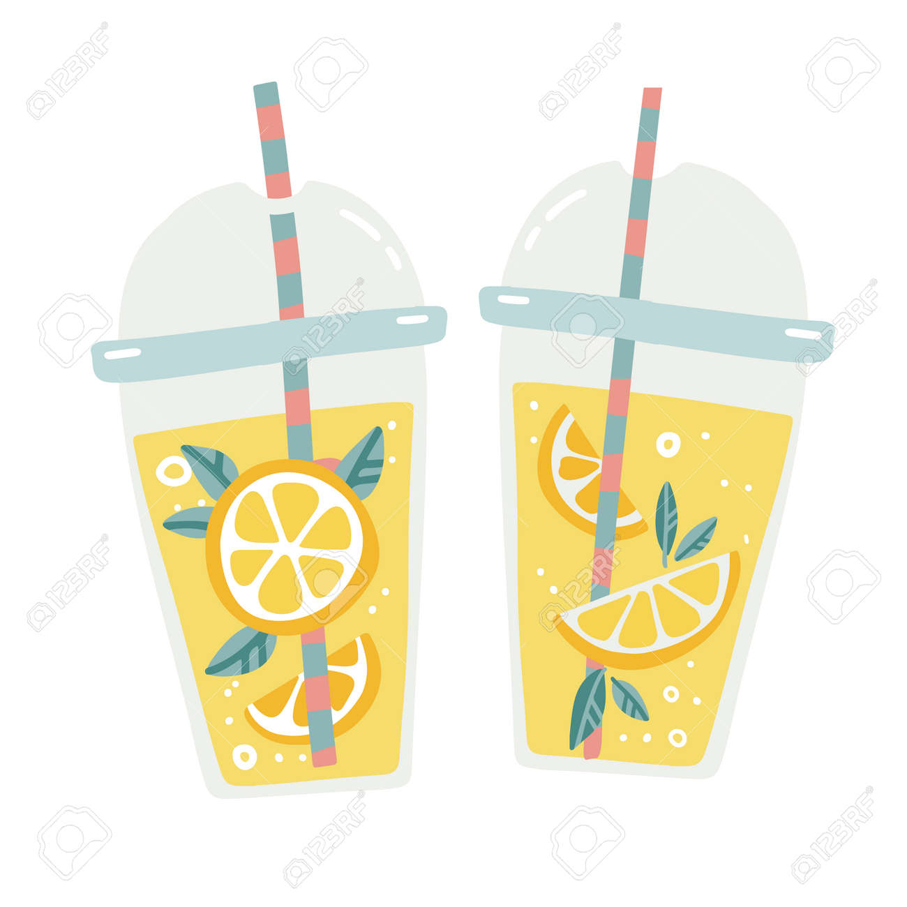 Dois copos transparentes de plástico para smoothie com tubo listrado. limonada fresca, suco de laranja com fatias de citrinos em um copo de plástico. estilo de desenho animado plano desenhado à mão isolado. - 184287474 Dois copos transparentes de plástico para smoothie com tubo listrado. limonada fresca, suco de laranja com fatias de citrinos em um copo de plástico. estilo de desenho animado plano desenhado à mão isolado. - 184287474