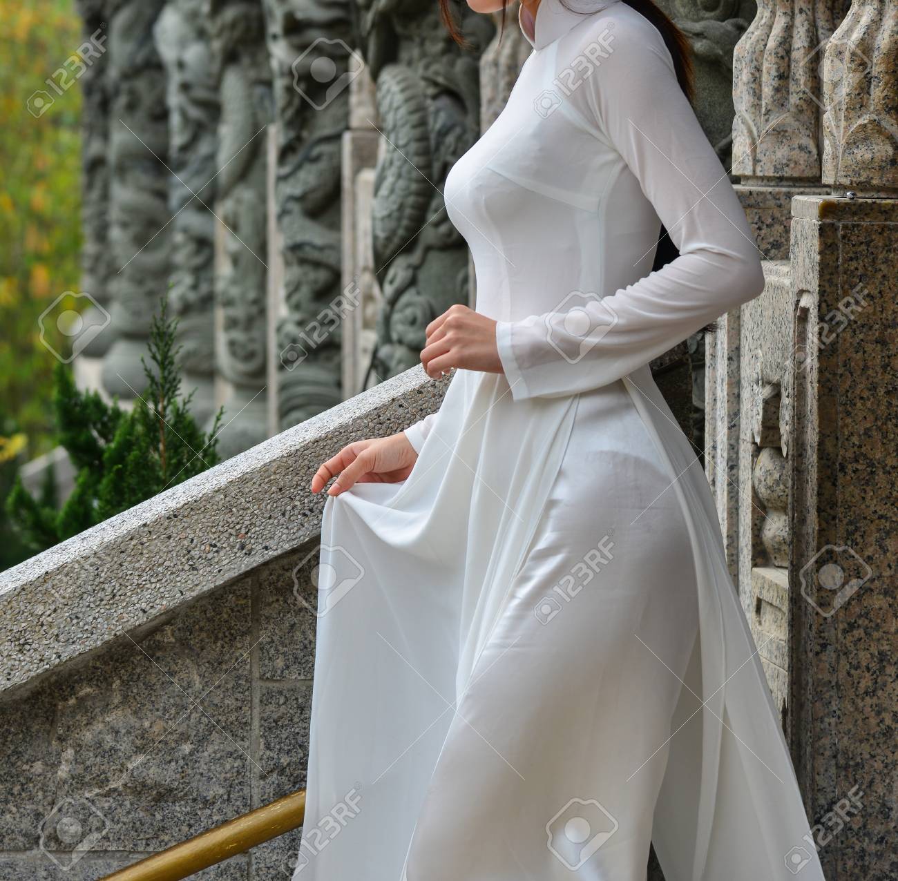 An Asian Woman In Vietnamese Traditional Dress (called Ao Dai) At Chinese  Pagoda In Hong Kong. Stock Photo, Picture and Royalty Free Image. Image  90958120., image size:1300x1276