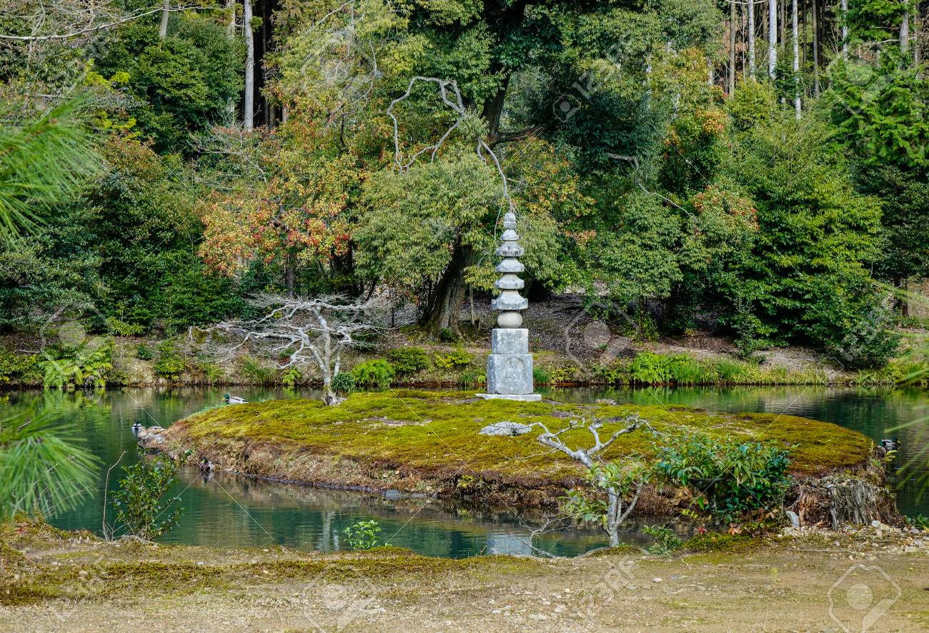 Stone Monument Of A Japanese Zen Garden At Summer In Kyoto Japan