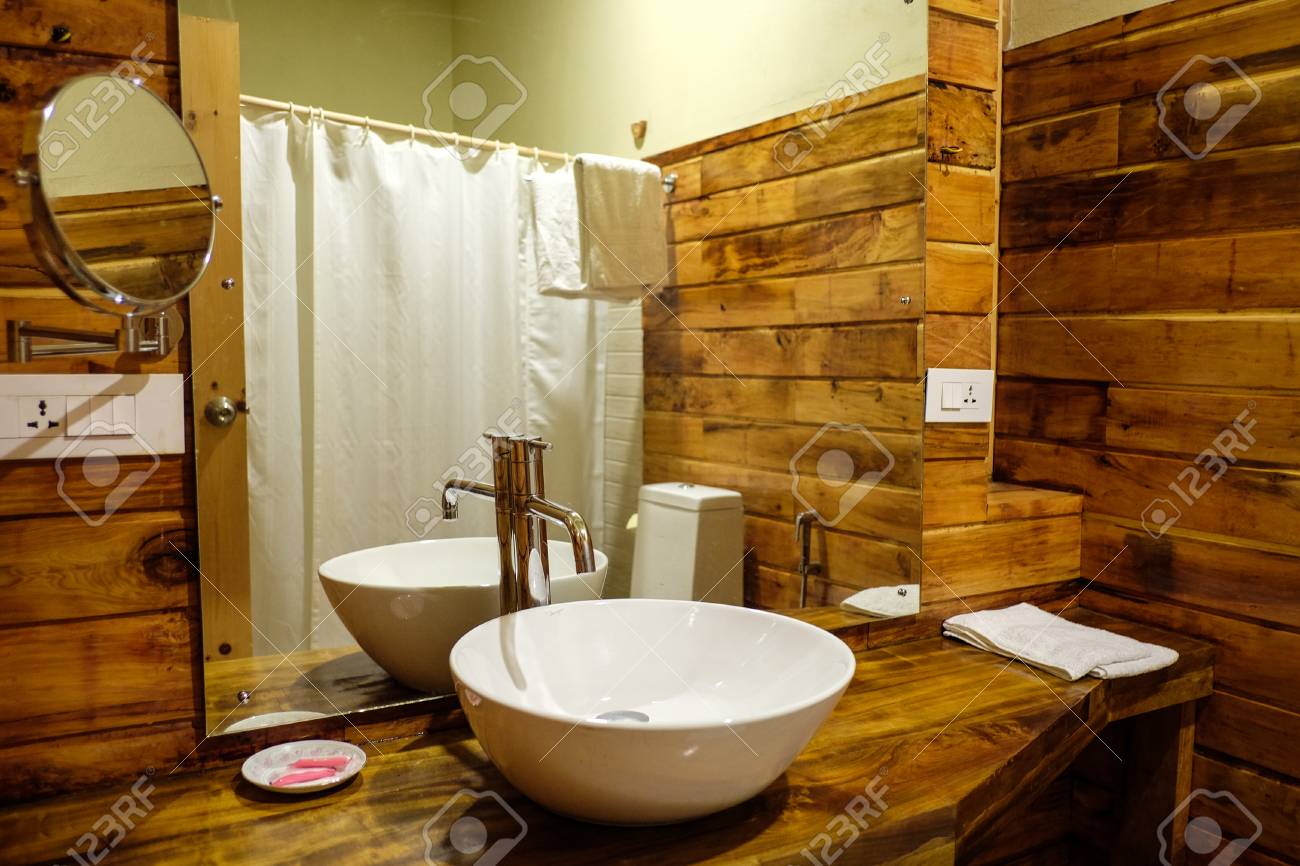 stock photo thimphu bhutan aug 30 2015 interior of wooden bathroom at luxury hotel in thimphu bhutan bhutan is geopolitically in south asia and is