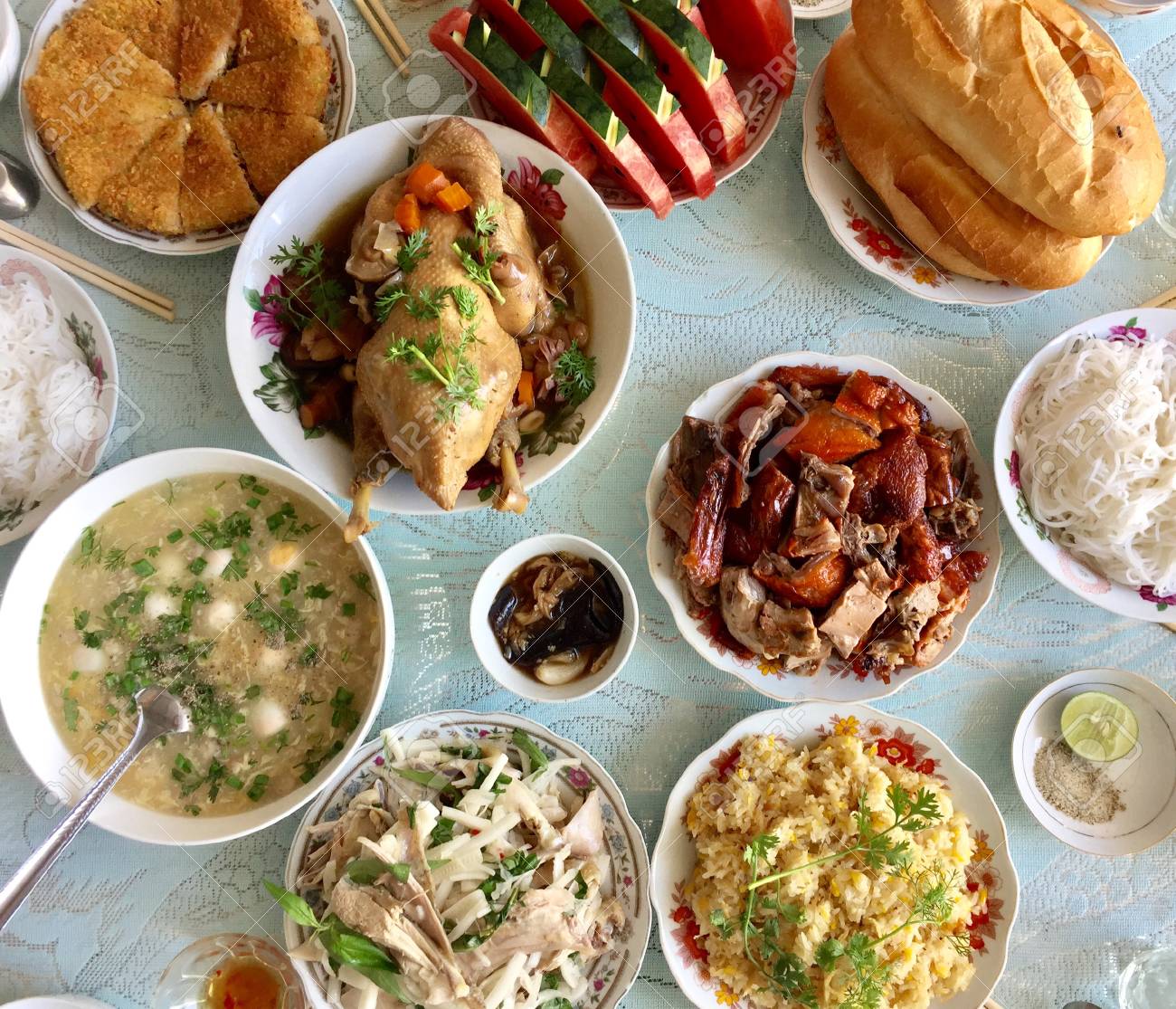 Full Meal With Many Foods On Table For Lunch Or Dinner Vietnamese Stock Photo Picture And Royalty Free Image Image