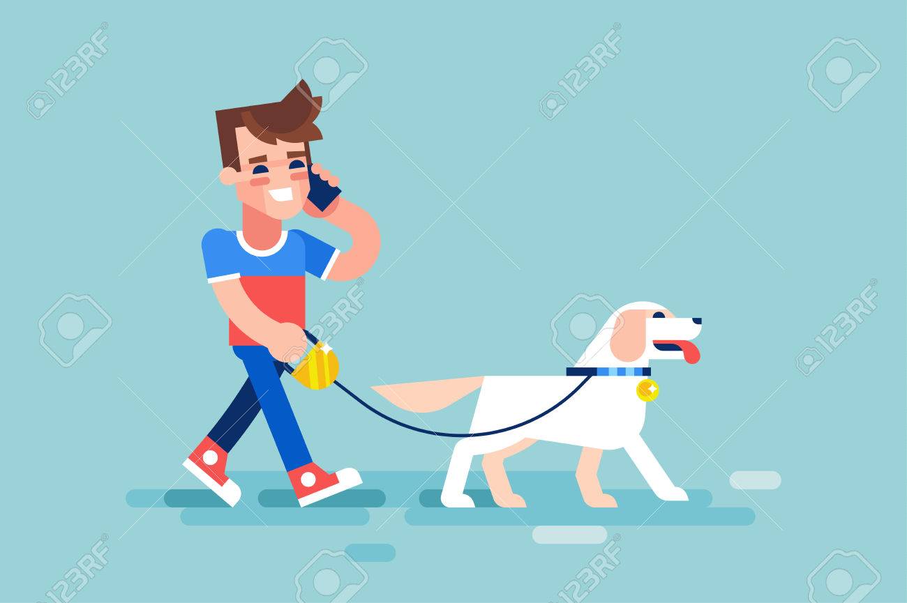 若い男は 彼の犬と電話で話を歩きます フラット スタイルのモダンなベクトル イラスト のイラスト素材 ベクタ Image 若い男は 彼の犬と電話で話を歩きます フラット スタイルのモダンなベクトル イラスト のイラスト素材 ベクタ Image