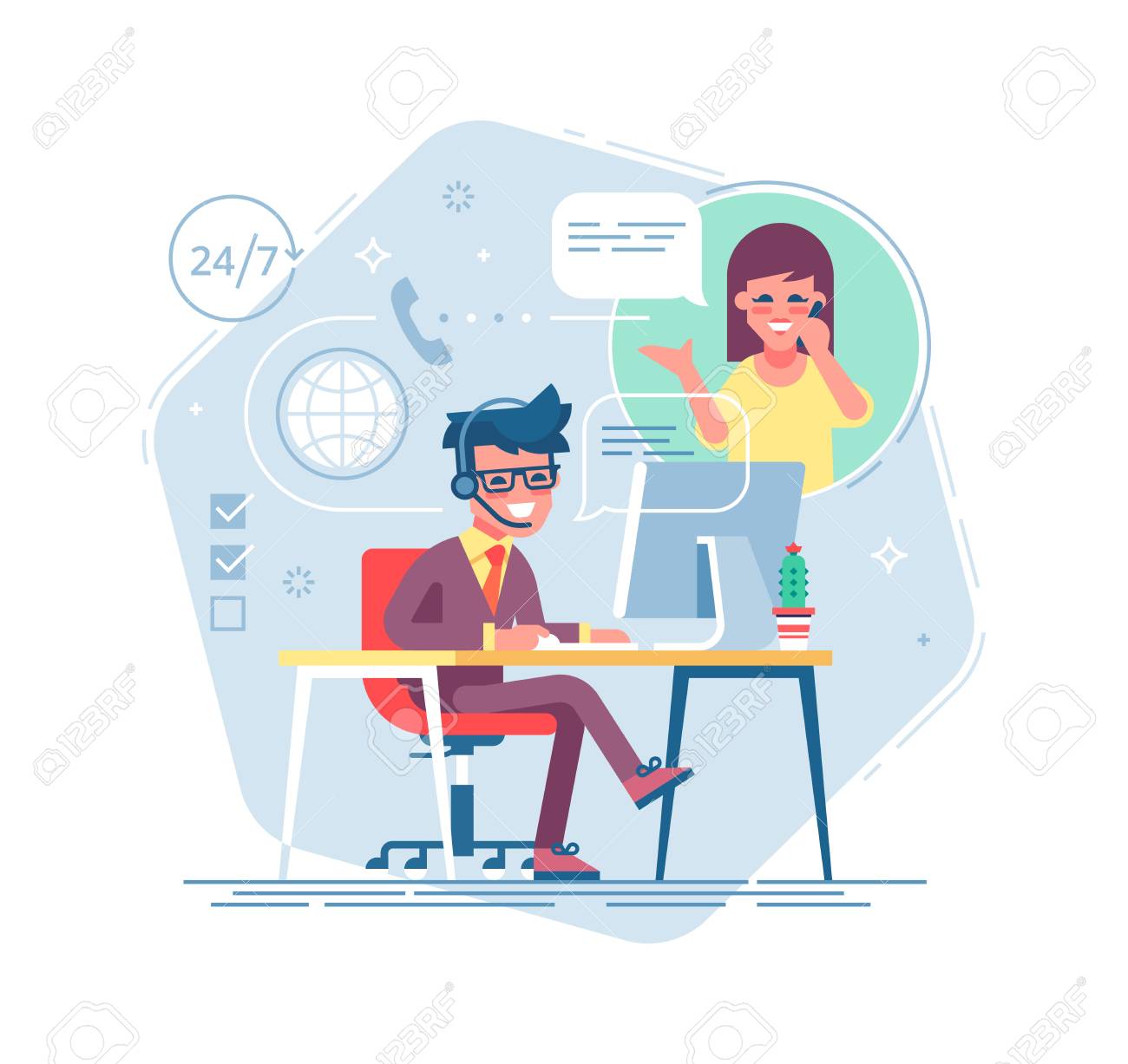 Happy male helpline operator with headset consulting a client. Online global tech support 24 7. Operator and customer. Technical support concept. Vector illustration in flat design. - 90692824 Happy male helpline operator with headset consulting a client. Online global tech support 24 7. Operator and customer. Technical support concept. Vector illustration in flat design. - 90692824