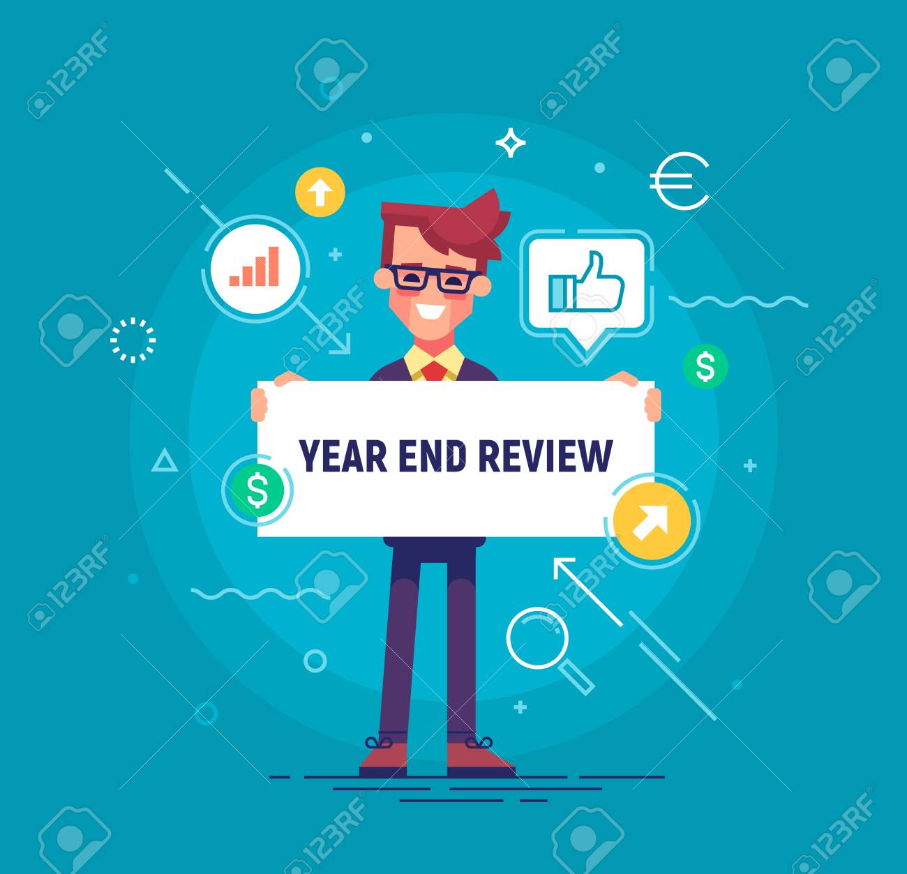 handsome businessman holding board with title year end review year end review