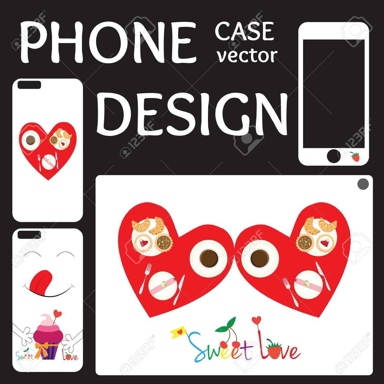 携帯電話の画面とカバー ピンク背景の花 キス 心でコレクションをバックアップします イラストや携帯電話ケースのテンプレートのセットです のイラスト素材 ベクタ Image