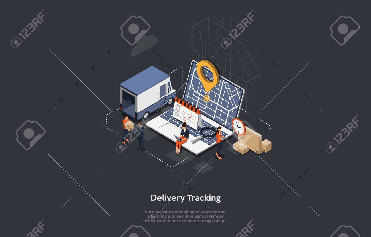 Isometric Online Cargo Delivery Tracking System With Gps Position Of Van On The Map. City Logistics Home and Office. Workers Deliver Goods And Monitoring The Location Of The Van. Vector Illustration. - 143539102 Isometric Online Cargo Delivery Tracking System With Gps Position Of Van On The Map. City Logistics Home and Office. Workers Deliver Goods And Monitoring The Location Of The Van. Vector Illustration. - 143539102