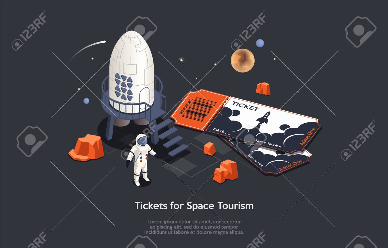 Conceito 3d isométrico do turismo espacial. astronauta turista com grandes bilhetes perto do navio espacial pronto para viajar. transporte intergaláctico de pessoas e viagens em férias. ilustração vetorial dos desenhos animados - 152070173 Conceito 3d isométrico do turismo espacial. astronauta turista com grandes bilhetes perto do navio espacial pronto para viajar. transporte intergaláctico de pessoas e viagens em férias. ilustração vetorial dos desenhos animados - 152070173