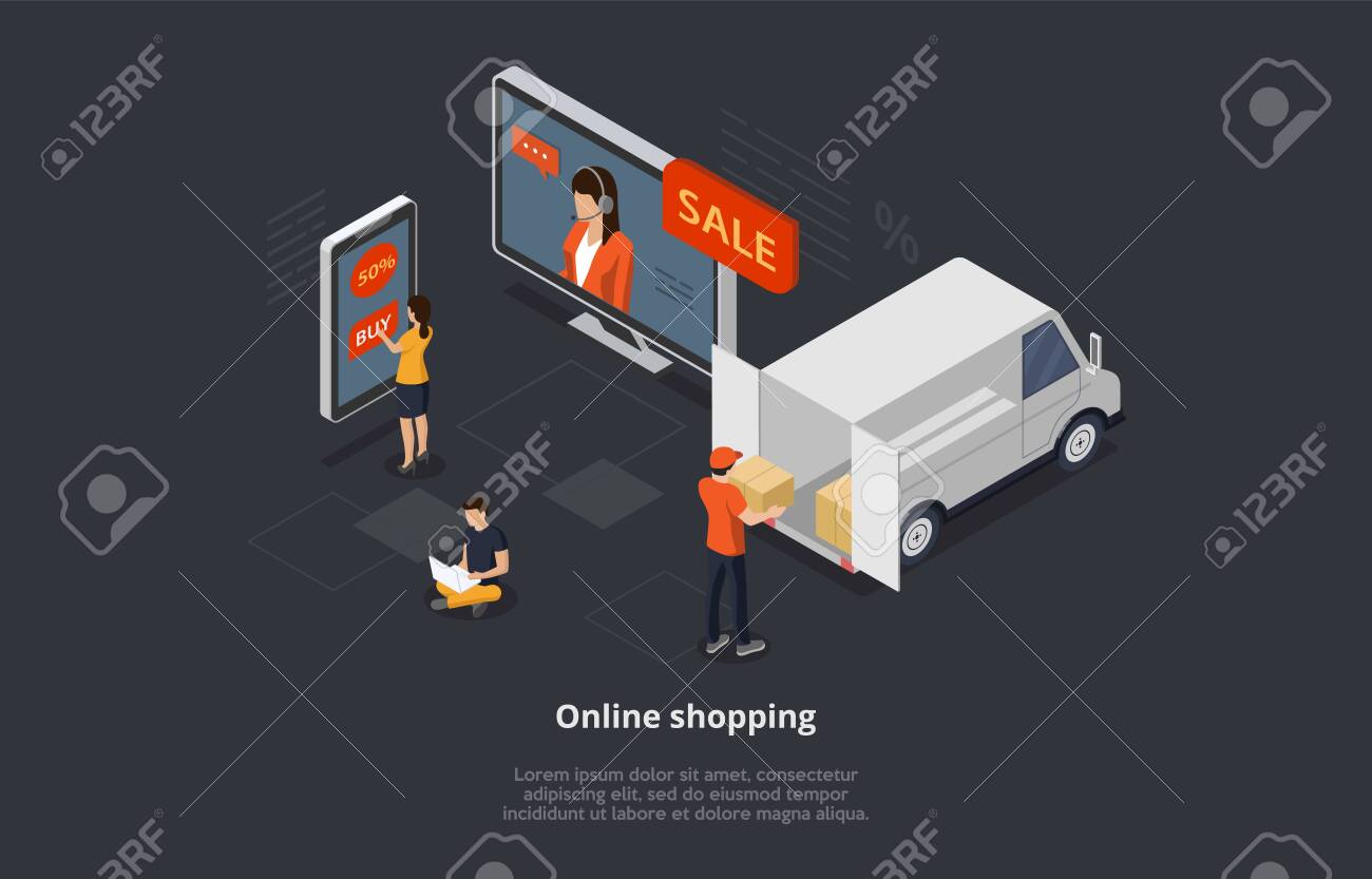 Isometric Online Shopping Concept. Characters Order And Buy Goods On Sale Online By Means Mobile App. Courier Delivers Purchases. Men And Women Are Using Gadgets To Buy Goods. 3D Vector Illustration - 153284452 Isometric Online Shopping Concept. Characters Order And Buy Goods On Sale Online By Means Mobile App. Courier Delivers Purchases. Men And Women Are Using Gadgets To Buy Goods. 3D Vector Illustration - 153284452