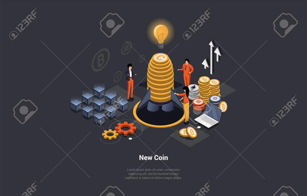블록체인 아이코. 사전 판매 벤처. 이오, 이도 은유. 투자 자금. 초기 코인 제공. 초기 민간 단계에서 투자. 프리세일 중인 암호화폐  투자자 펀드. 아이소메트릭 3d 벡터 일러스트 레이 션 로열티 무료 사진, 그림,