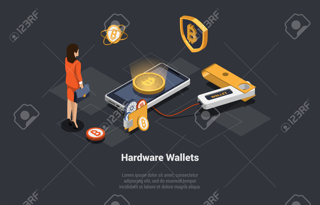 전 세계 아이소메트릭 3d 벡터 일러스트레이션을 통해 안전한 상품 및 서비스 비용을 지불하는 암호화폐용 개인 비트코인 지갑을 사용하는  안전한 스토리지 및 하드웨어 오프라인 분산형 지갑 여성 로열티 무료 사진, 그림, 이미지 그리고