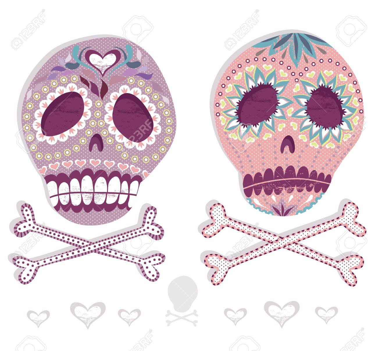 メキシカン スカル セット 花 ハートの Ornamens とカラフルなスカル 砂糖の頭蓋骨のイラスト素材 ベクタ Image 0292