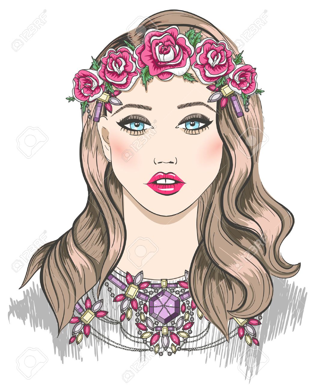 Ilustración De Moda Joven Chica. Chica Con Flores En El Pelo Y Un Collar De  Declaración Ilustraciones Vectoriales, Clip Art Vectorizado Libre De  Derechos. Image 23764058.