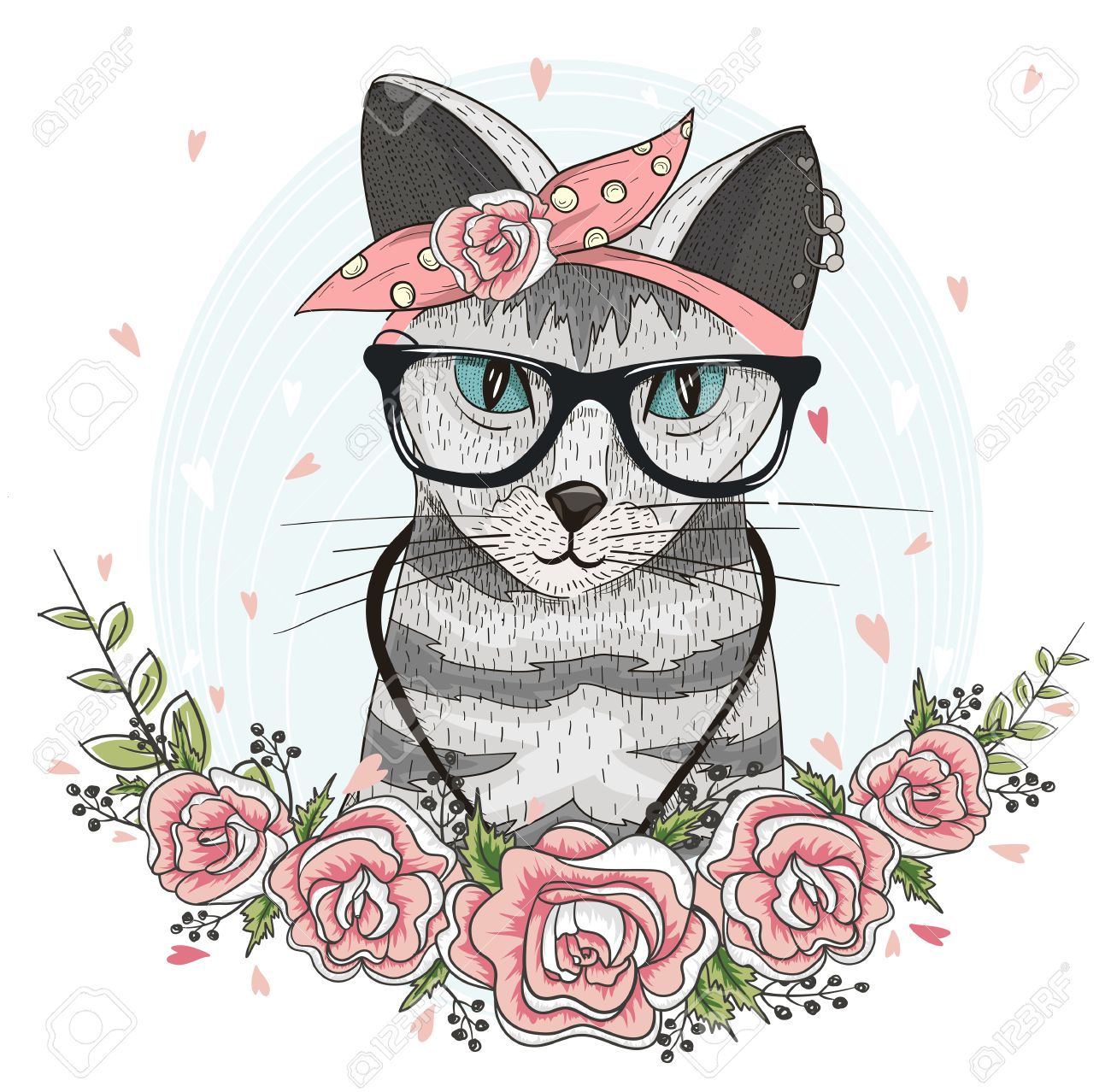 Cute hipster cat with glasses, scarf and flowers. - 50134893