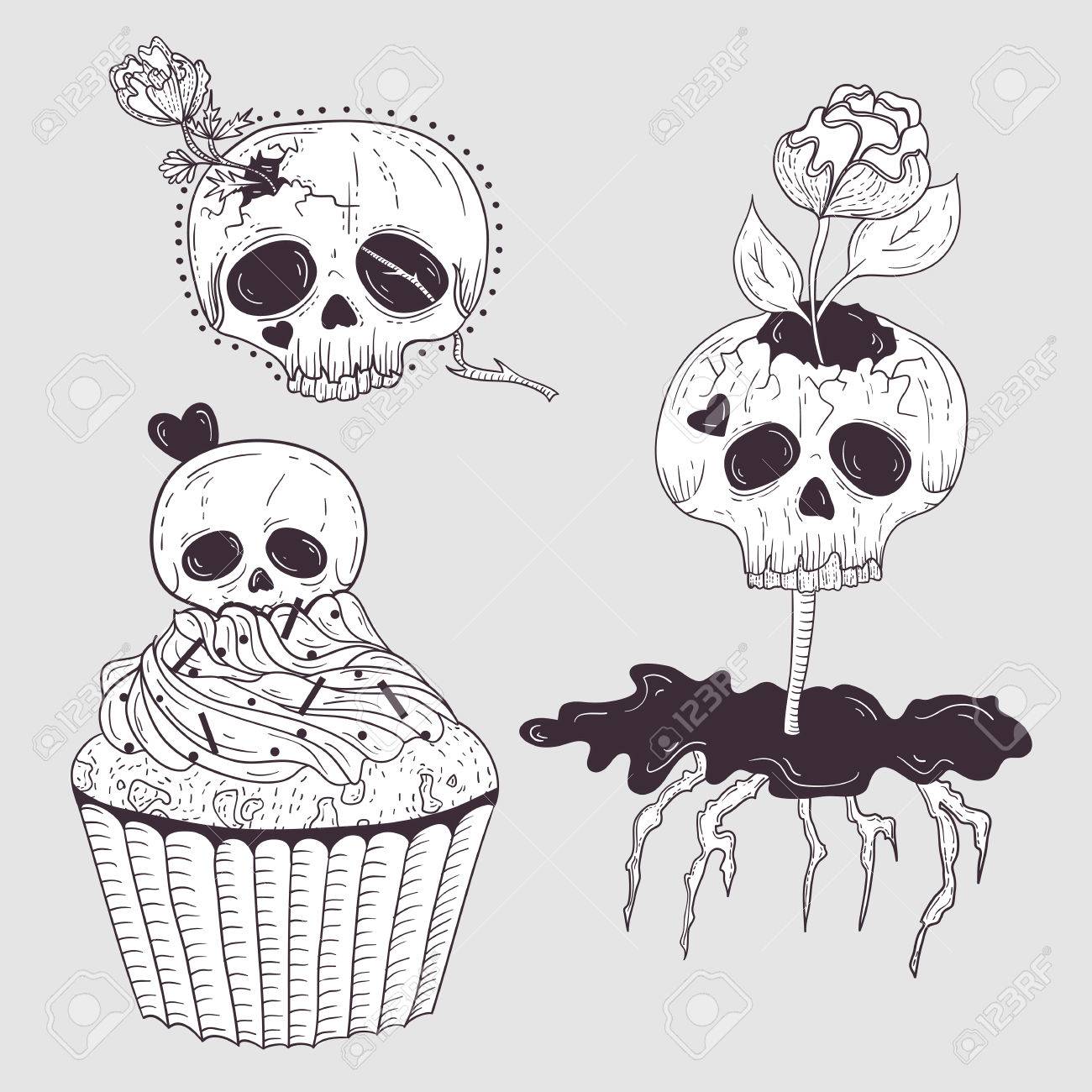かわいいタトゥー スカル 花とハートマーク入りの頭蓋骨 のイラスト素材 ベクタ Image かわいいタトゥー スカル 花とハートマーク入りの頭蓋骨 のイラスト素材 ベクタ Image