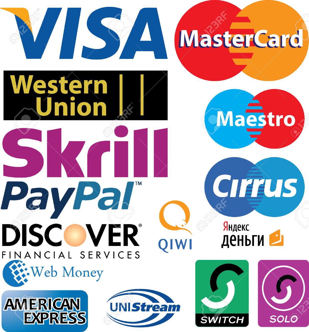 Logos Visa, Cirrus, Master Card, Maestro, PayPal, Western Union, Skrill,  Discover, American Express, WebMoney, Unistream, Switch, Solo, Qiwi, Yandex  Stock Photo, Picture and Royalty Free Image. Image 23355055.