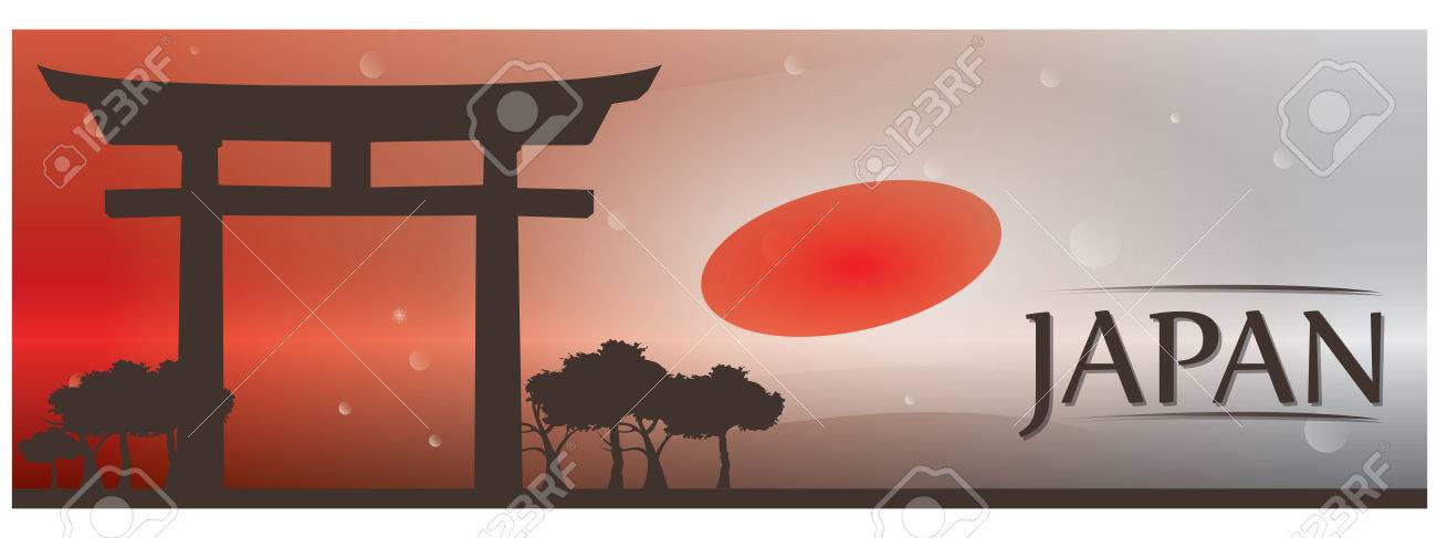 Colored banner with text, the japanese flag and the entrance of a japanese temple - 69889233 Colored banner with text, the japanese flag and the entrance of a japanese temple - 69889233