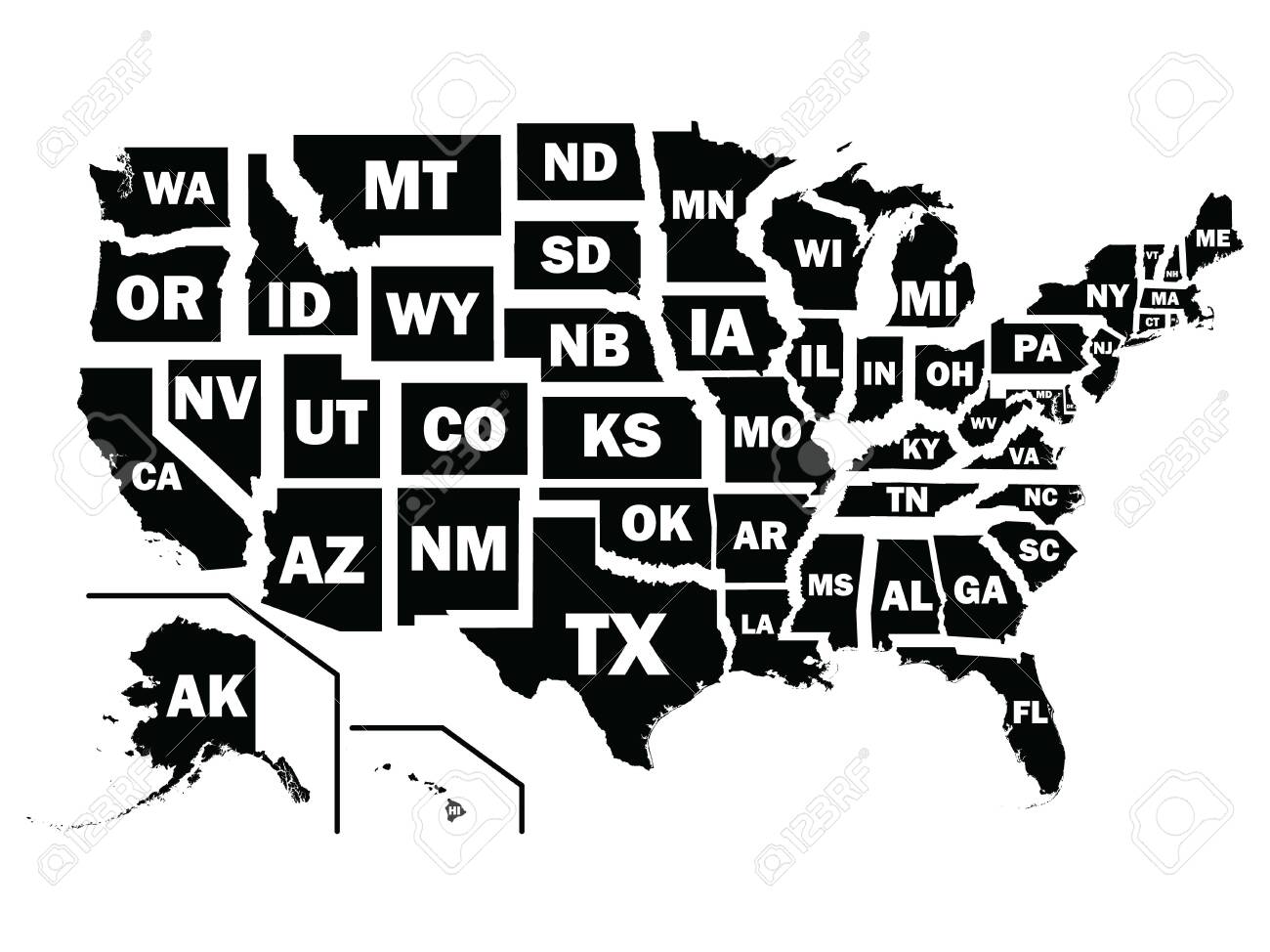 mapa estilizado de los Estados Unidos con abreviaturas postales