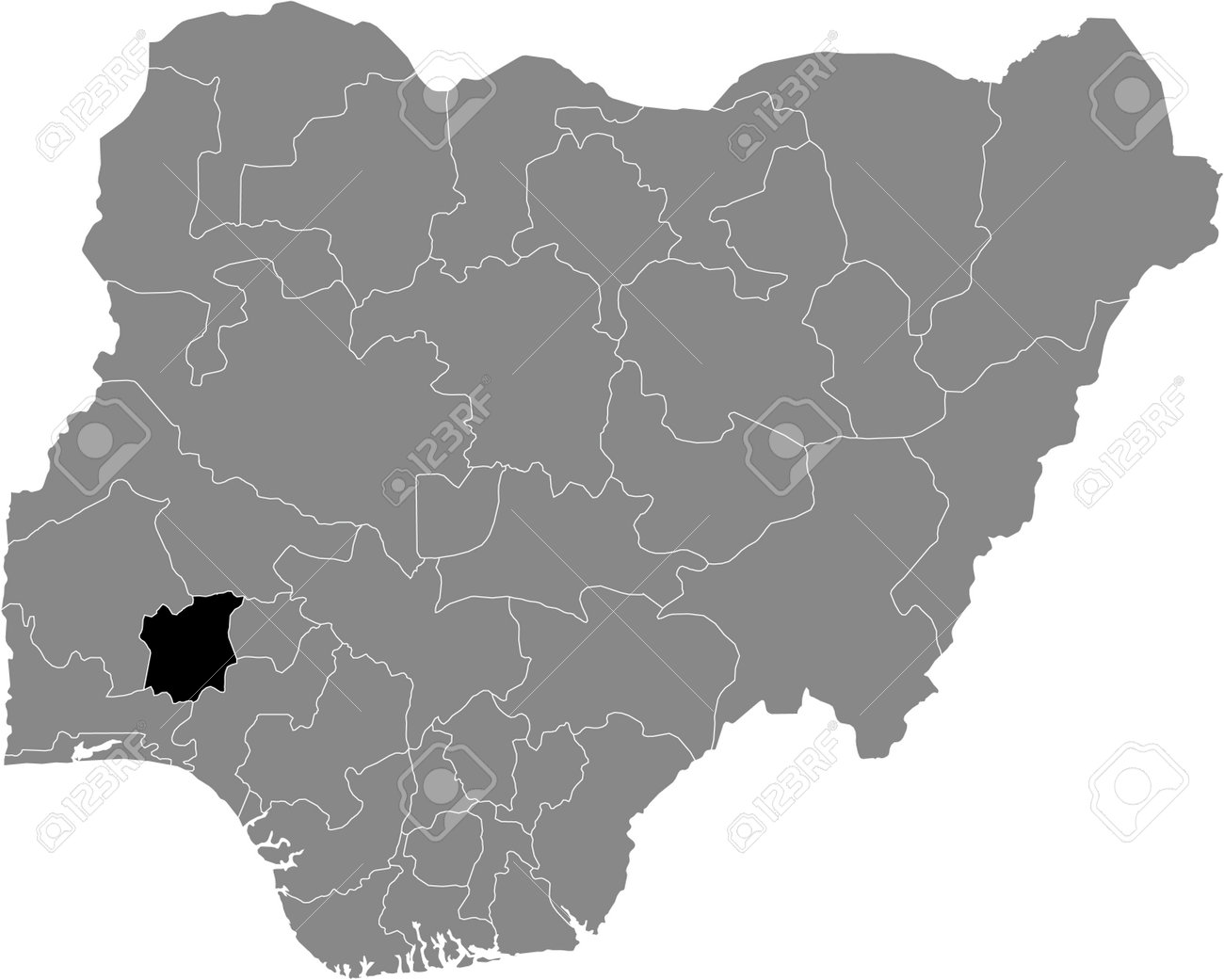 Map Of Nigeria Showing Osun State Black Highlighted Location Map Of The Nigerian Osun State Inside Gray Map  Of The Republic Of Nigeria Royalty Free Svg, Cliparts, Vectors, And Stock  Illustration. Image 168246613.
