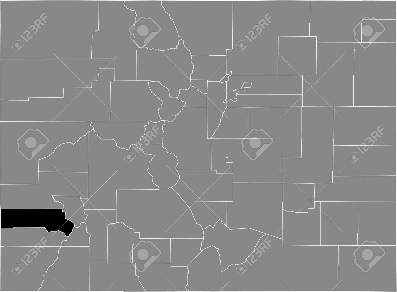 Black highlighted location map of the US San Miguel county inside gray map of the Federal State of Colorado, USA - 169913168 Black highlighted location map of the US San Miguel county inside gray map of the Federal State of Colorado, USA - 169913168