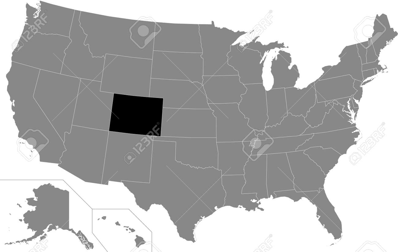 Black highlighted location map of the US Federal State of Colorado inside gray map of the United States of America - 169913244 Black highlighted location map of the US Federal State of Colorado inside gray map of the United States of America - 169913244
