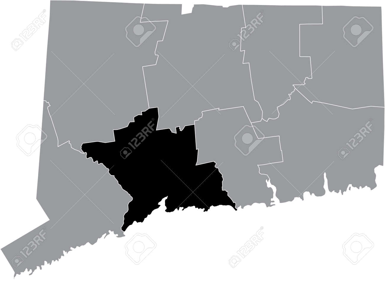 Black highlighted location map of the US New Haven county inside gray map of the Federal State of Connecticut, USA - 169984400 Black highlighted location map of the US New Haven county inside gray map of the Federal State of Connecticut, USA - 169984400