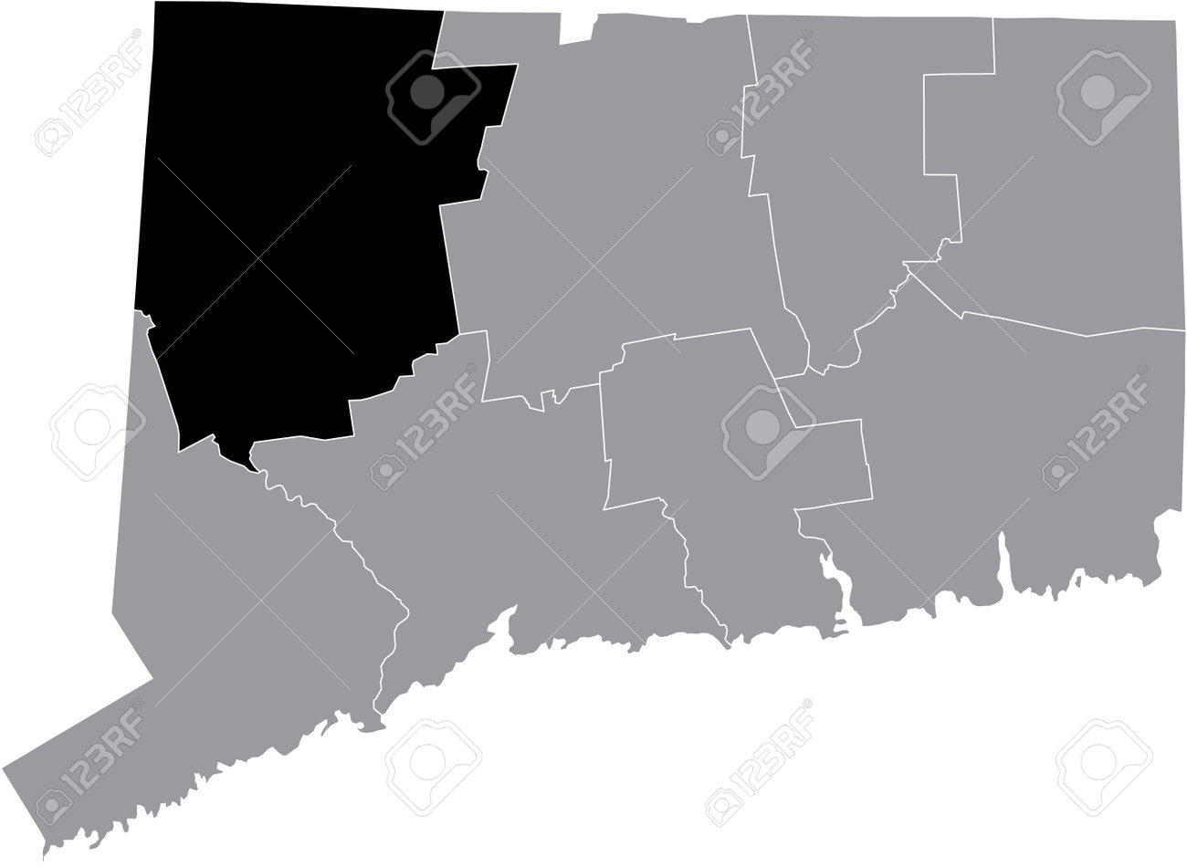 Black highlighted location map of the US Litchfield county inside gray map of the Federal State of Connecticut, USA - 169984402 Black highlighted location map of the US Litchfield county inside gray map of the Federal State of Connecticut, USA - 169984402
