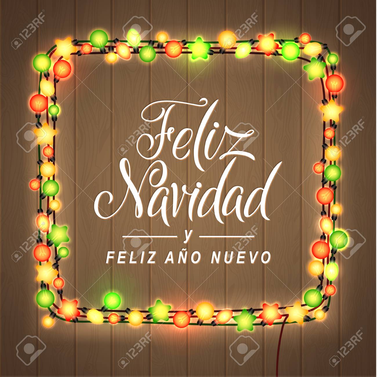 メリー クリスマスと新年あけましておめでとうございます スペイン語 輝くクリスマス ライト リース クリスマスの休日のグリーティング カードのデザイン 木製手描き背景 のイラスト素材 ベクタ Image