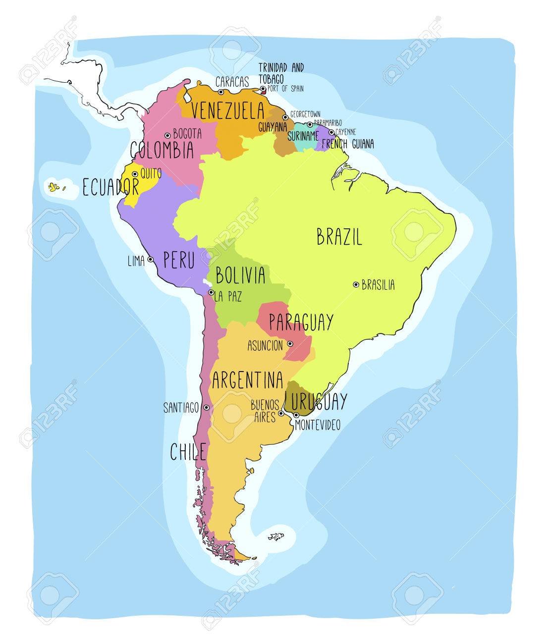 南米の手描きの背景地図 テキスト 線 および別のレイヤー上の色 インフォ グラフィックに最適です ブラジル アルゼンチン チリ パラグアイ ウルグアイ コロンビアが含まれています のイラスト素材 ベクタ Image