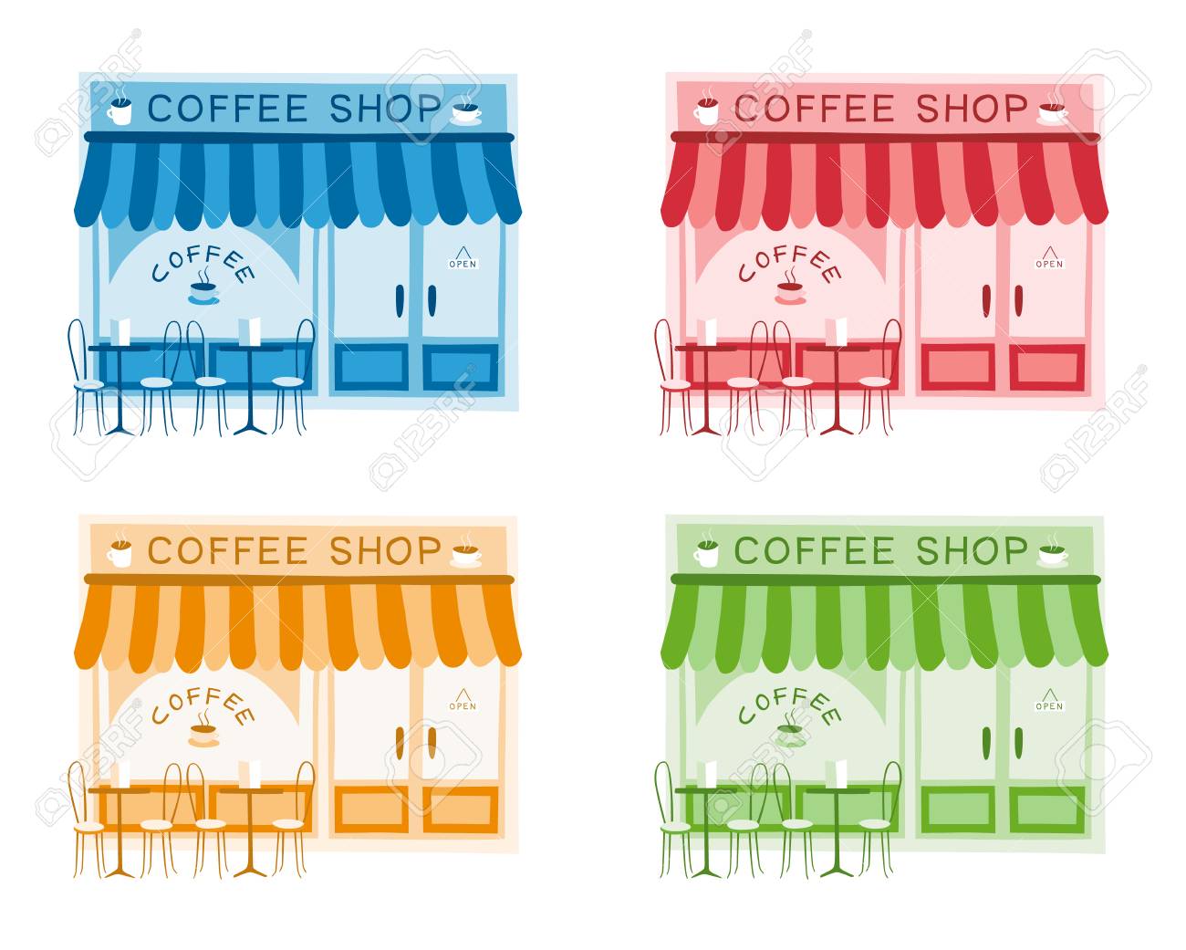 フラットスタイルの喫茶店前面のベクトルイラスト4種 4色のセット カフェやレストランの正面のカラフルなドローイング のイラスト素材 ベクタ Image フラットスタイルの喫茶店前面のベクトルイラスト4種 4色のセット カフェやレストランの正面のカラフルなドローイング のイラスト素材 ベクタ Image