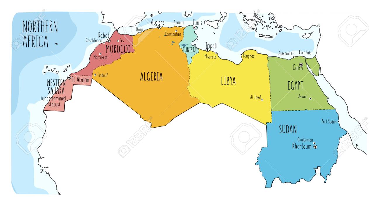 Vector Political Map Of Northern Africa.colorful Hand Drawn Illustration Of The Northern Region With Labels In English. Including Morocco, Algeria, Western Sahara, Tunisia, Libya, Egypt And Sudan And Main Cities. Royalty Free