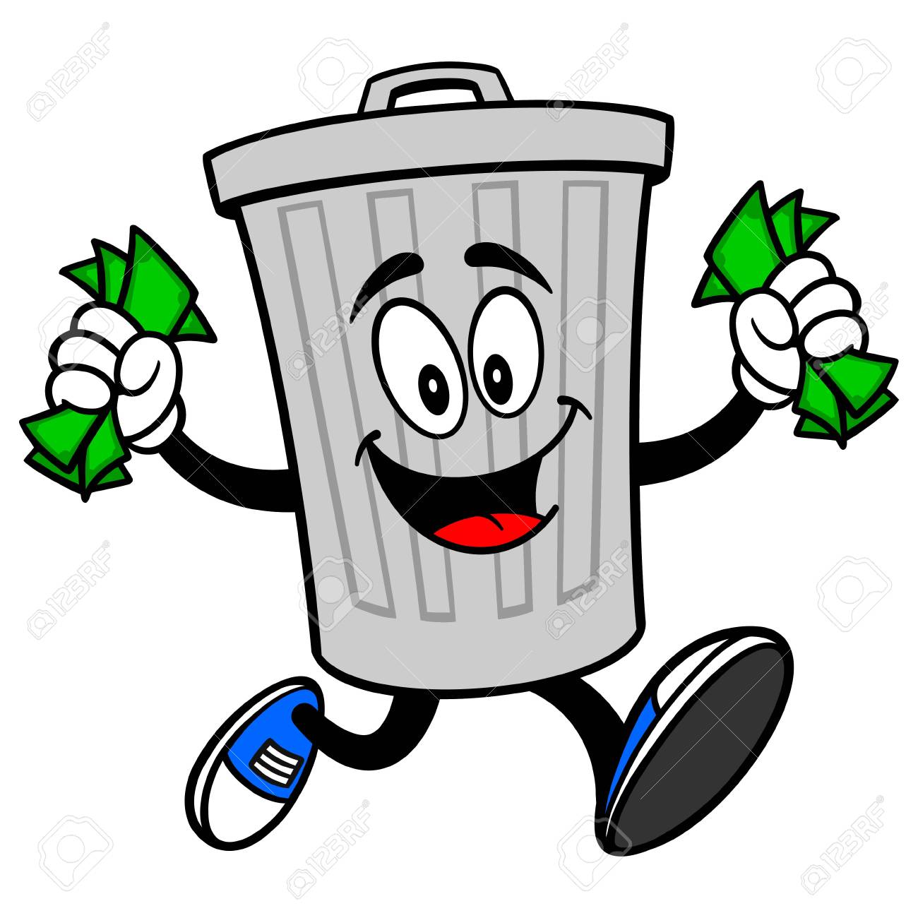 Trash Can Mascot running with Money - A vector cartoon illustration of a aluminum Trash Can mascot running with Money. - 120066912 Trash Can Mascot running with Money - A vector cartoon illustration of a aluminum Trash Can mascot running with Money. - 120066912