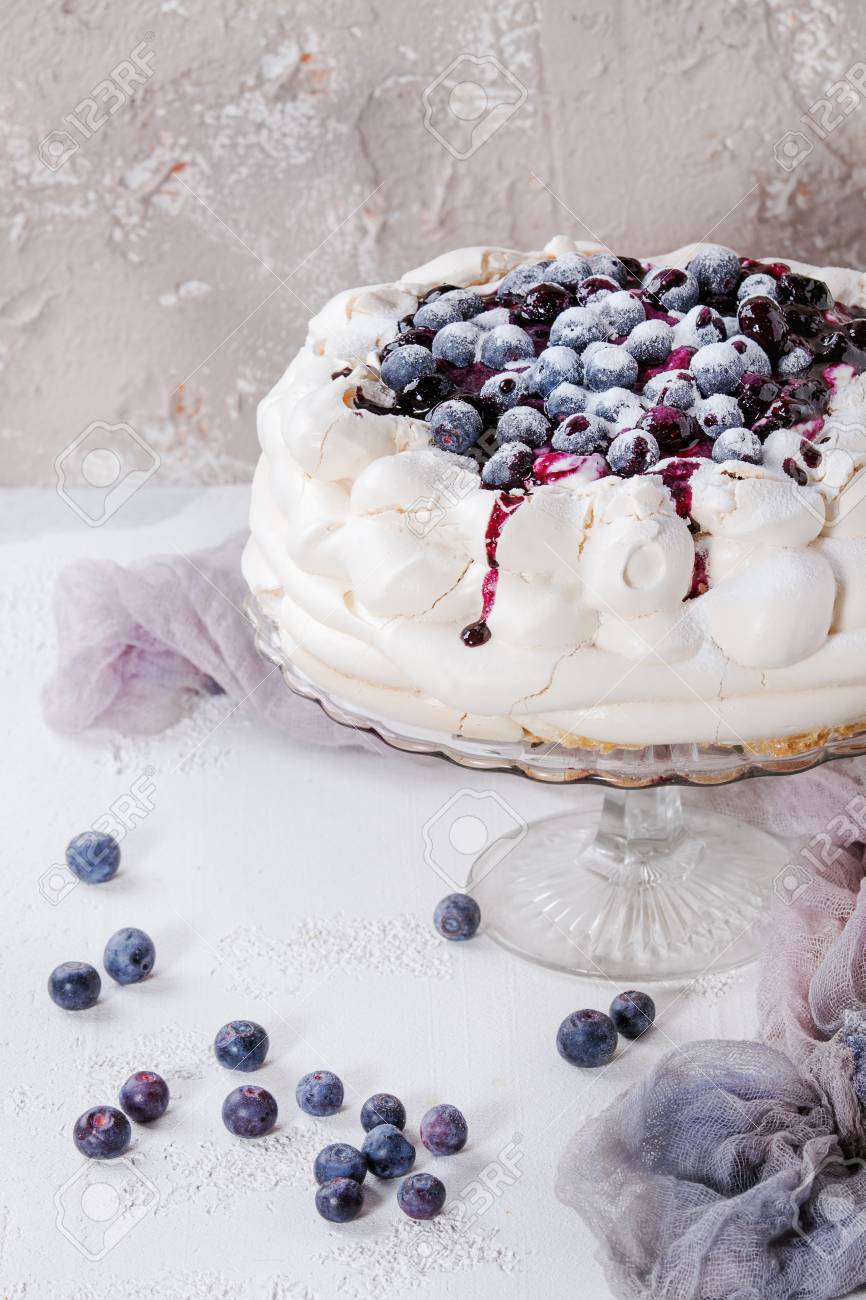 Homemade Meringue Cake Pavlova With Whipped Cream Sugar Powder Stock Photo Picture And Royalty Free Image Image 73824761