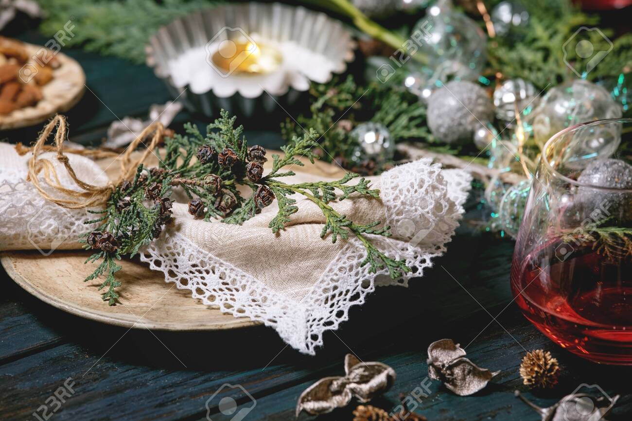 Christmas Or New Year Table Setting With Empty Ceramic Plates Stock Photo Picture And Royalty Free Image Image 132625472