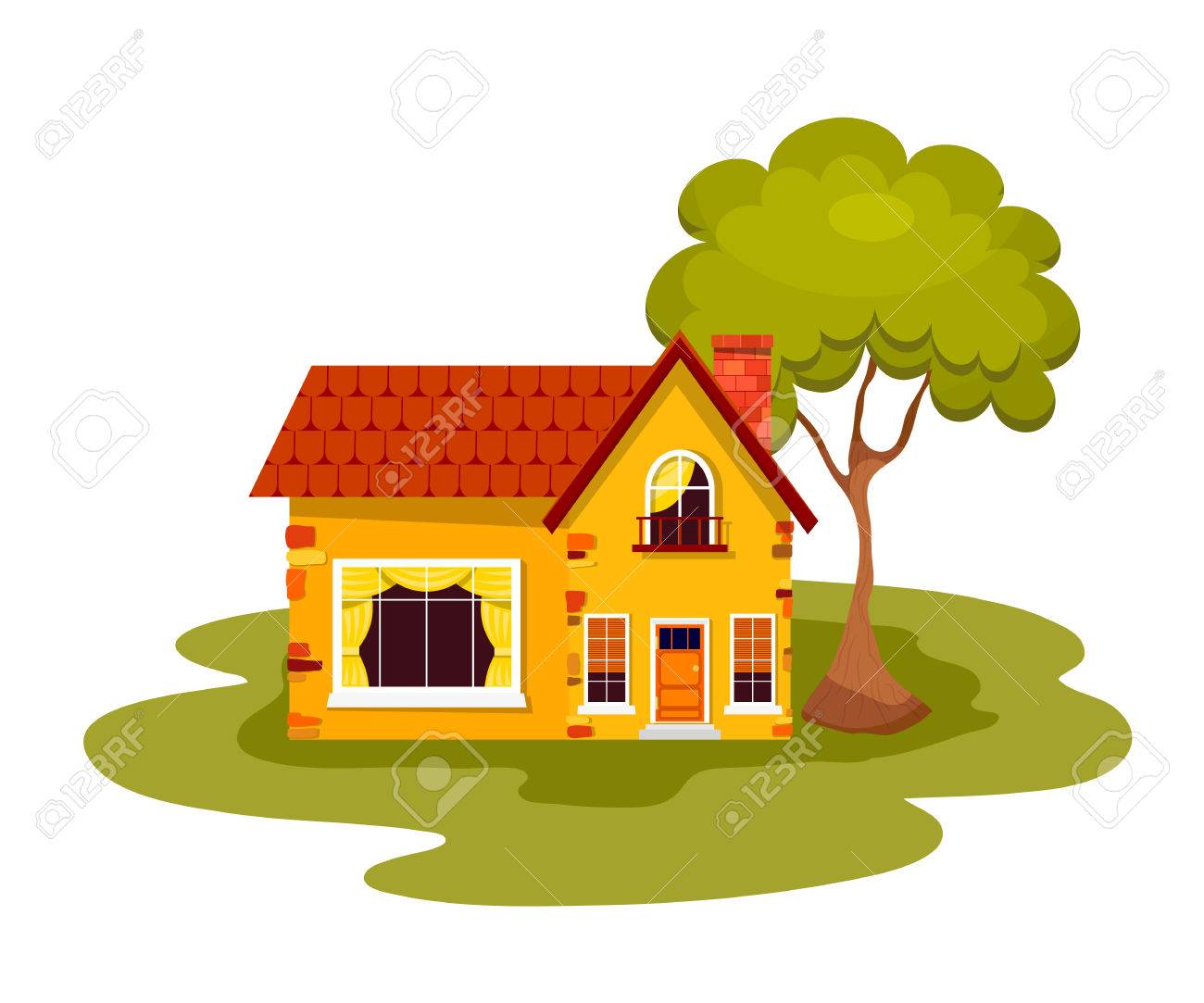 yellow stone house with green tree on a white background country