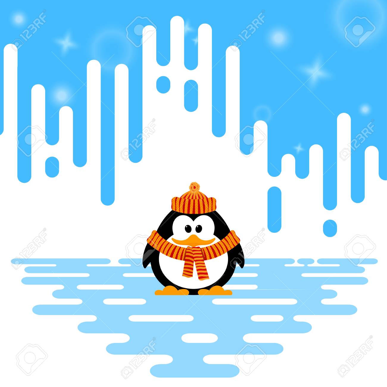 ニットの帽子とミトン冬の抽象的なストライプ背景かわいい小さなペンギンのベクトル イラストのイラスト素材 ベクタ Image ニットの帽子とミトン冬の抽象的なストライプ背景かわいい小さなペンギンのベクトル イラストのイラスト素材 ベクタ Image