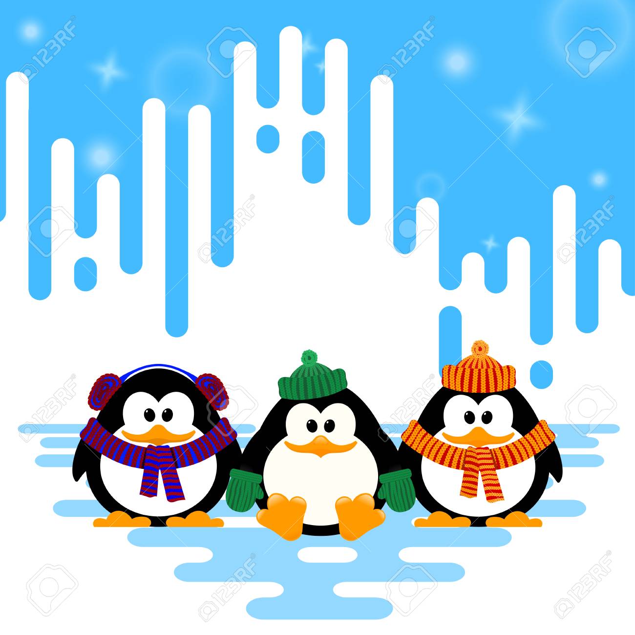 冬の抽象的な背景ストライプ ニット帽子セットかわいい小さなペンギンのベクター イラストです のイラスト素材 ベクタ Image