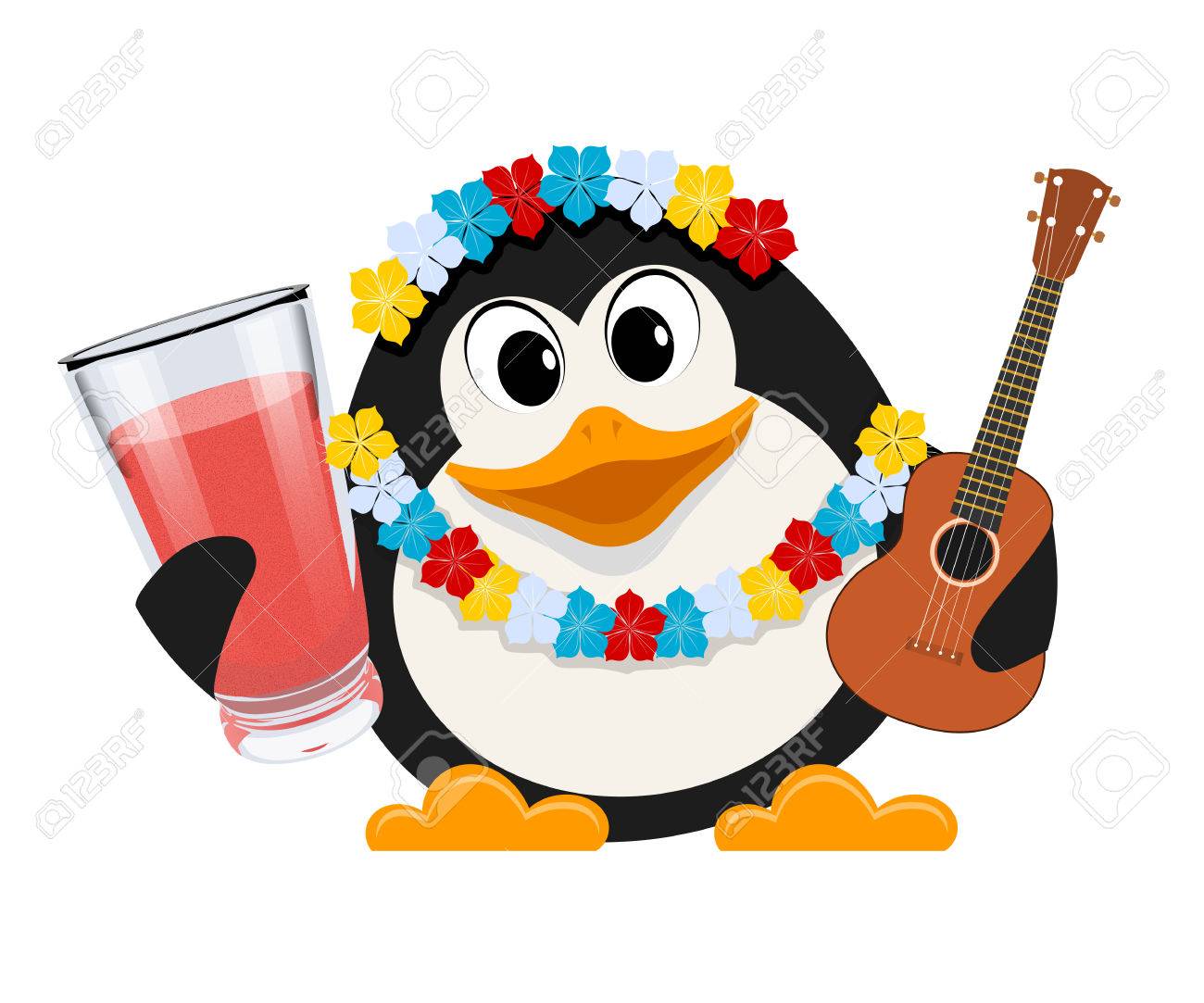 ハワイでの休日 漫画花とギターの花輪と小さなかわいいペンギンのスタイルの色のイメージ ベクトル図 のイラスト素材 ベクタ Image