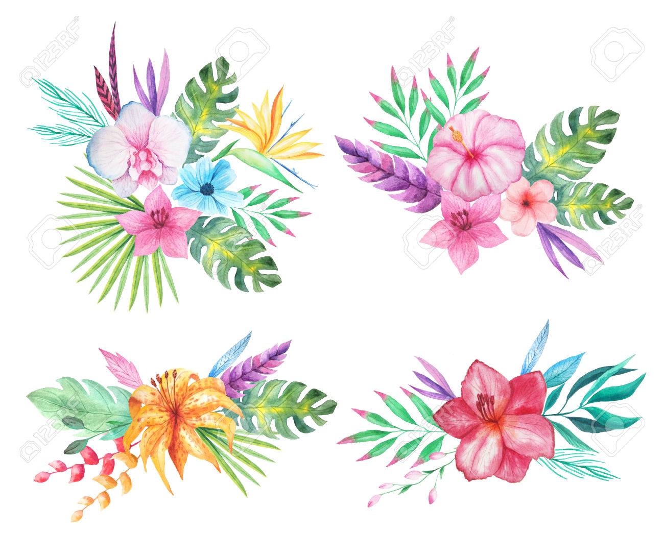 Set Of Watercolor Hand Painted Tropical Flowers, Leaves And Plants. Bright  Jungle Exotic Clip Art Perfect For Summer Wedding Invitation And Party Card  Making Stock Photo, Picture And Royalty Free Image. Image