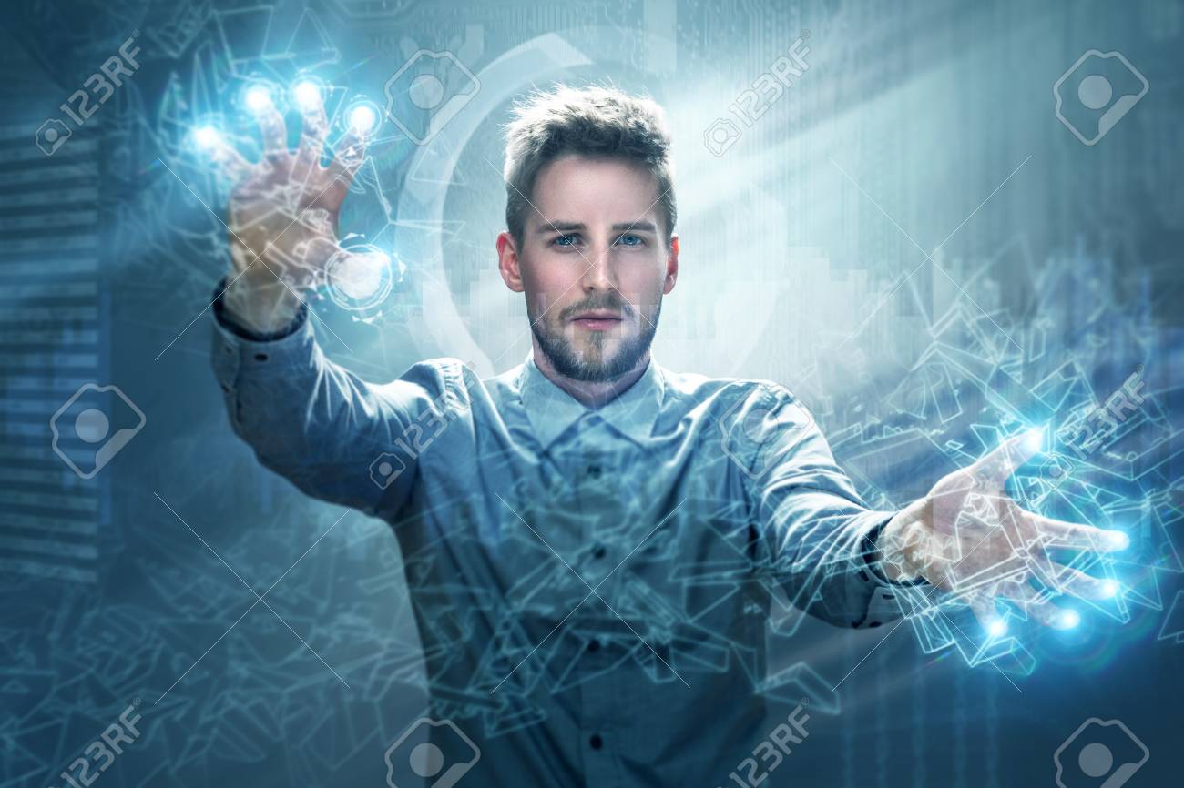 Man working on a touchscreen interface - 76974375 Man working on a touchscreen interface - 76974375