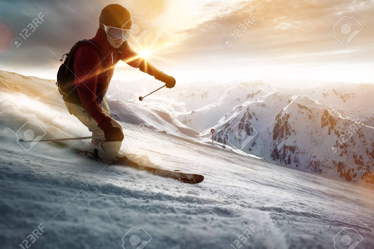 Skier in a sunset setting - 77039719 Skier in a sunset setting - 77039719