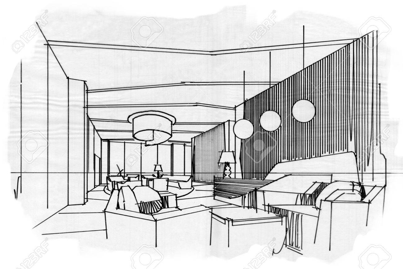 ストライプ ロビー、黒と白のインテリア デザインをスケッチします