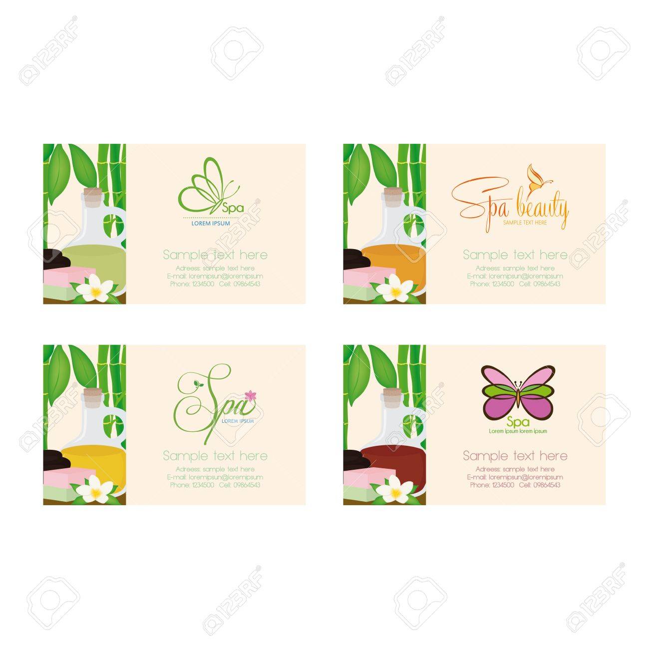 set of spa business cards with some spa objects butterflies icon and text stock vector - Spa Business Cards set of spa business cards with some spa objects butterflies icon and text stock vector - Spa Business Cards