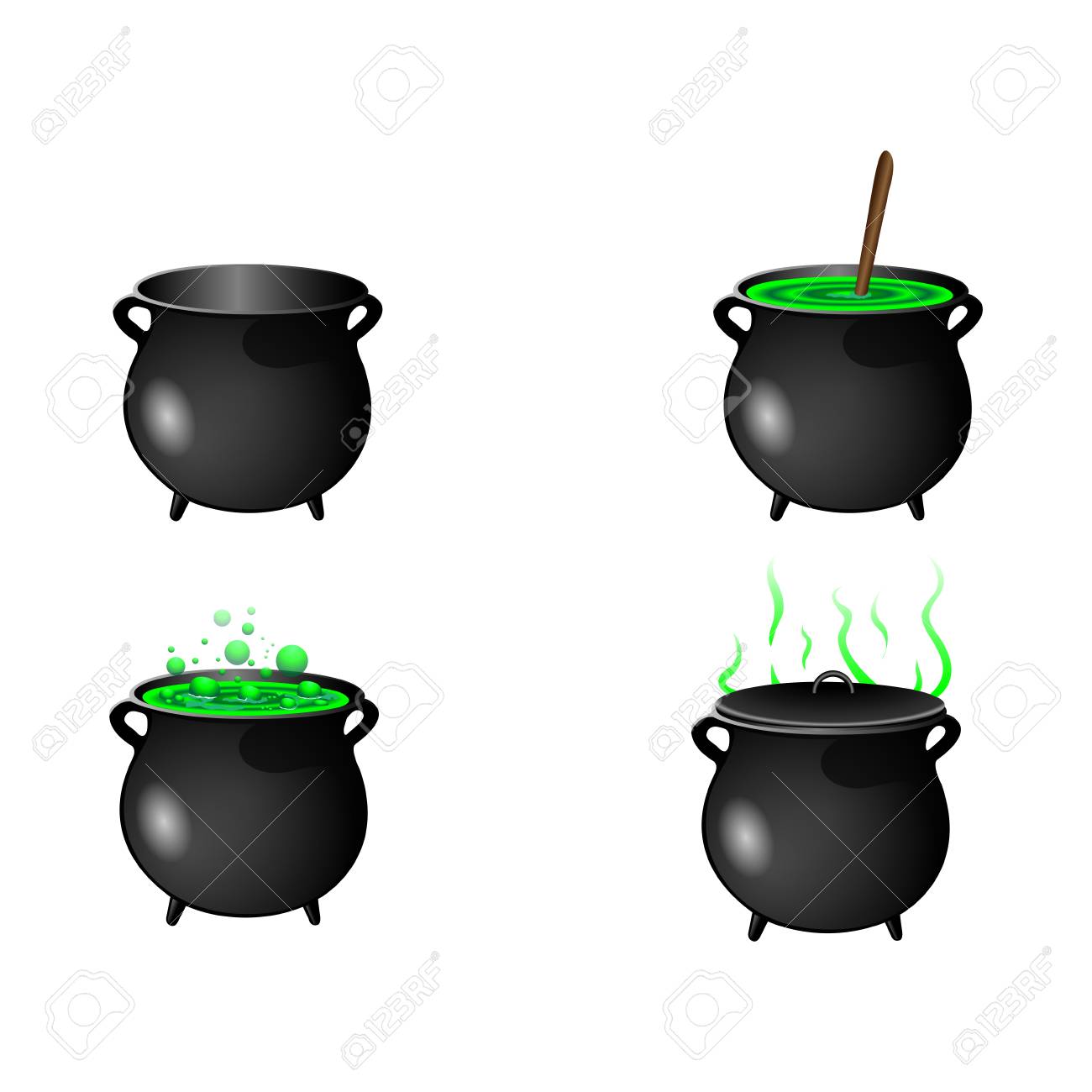 白い背景に ハロウィーンのベクトル図に魔女の釜のセットのイラスト素材 ベクタ Image