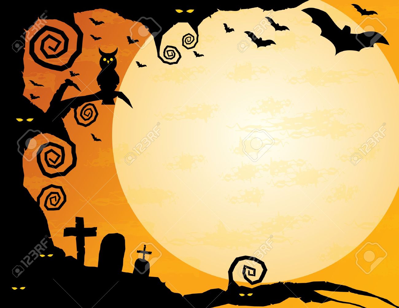 halloween background gnarled tree with owl spooky eyes flying