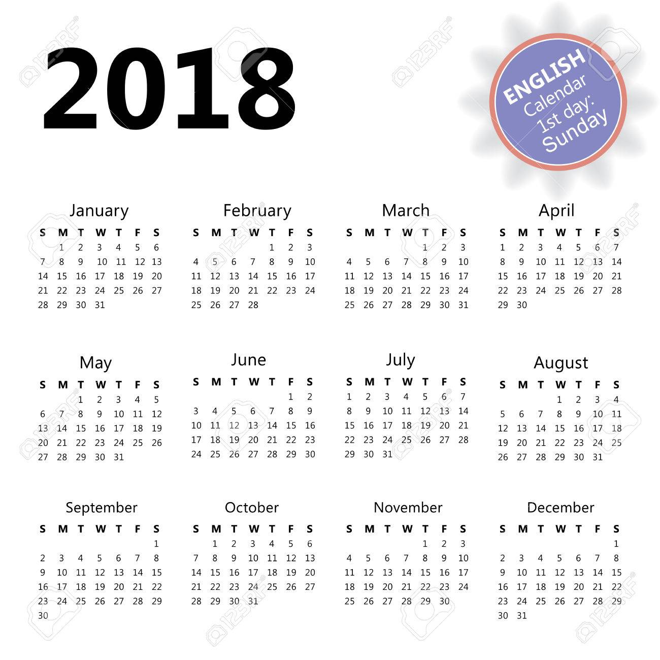 日曜日の週の最初の曜日を英語で 18年壁掛けカレンダー のイラスト素材 ベクタ Image