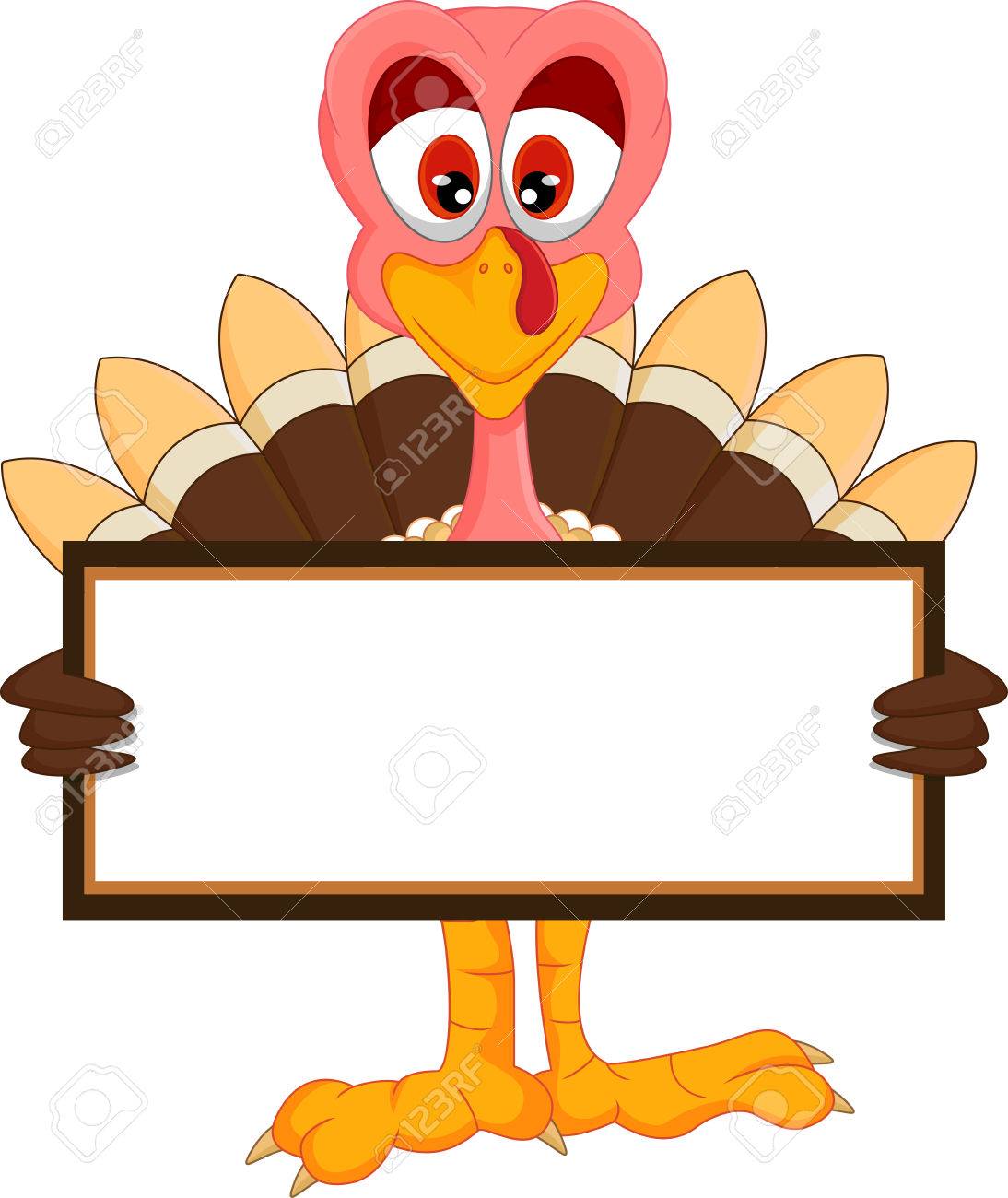 cute turkey cartoon with blank sign royalty free cliparts vectors