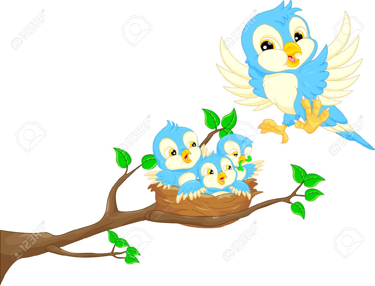 飛んでいる鳥と巣に赤ちゃんの鳥のイラスト素材 ベクタ Image